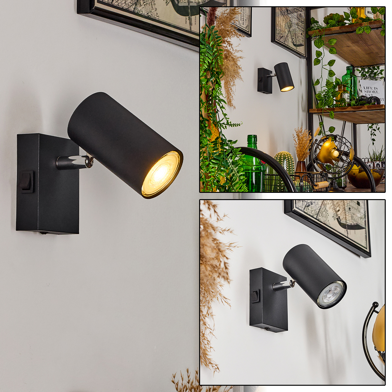 Schwarzer Wandstrahler mit schwenkbarem Kopf leuchtet auf weißer Wand.