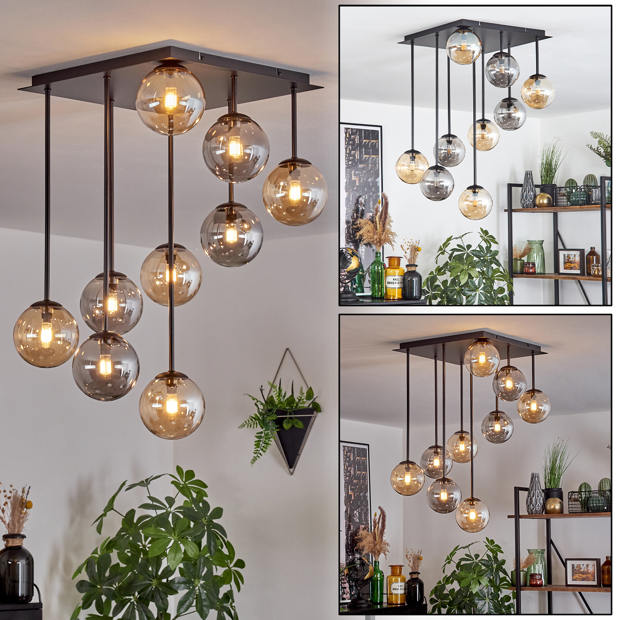 Eine Deckenleuchte mit neun Glaskugeln in Bernstein und Rauchglas.