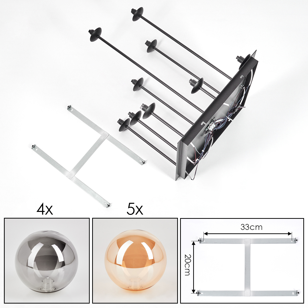 Ein Lampenaufbau-Kit mit schwarzen Stangen, einem Sockel und Glaskugeln.