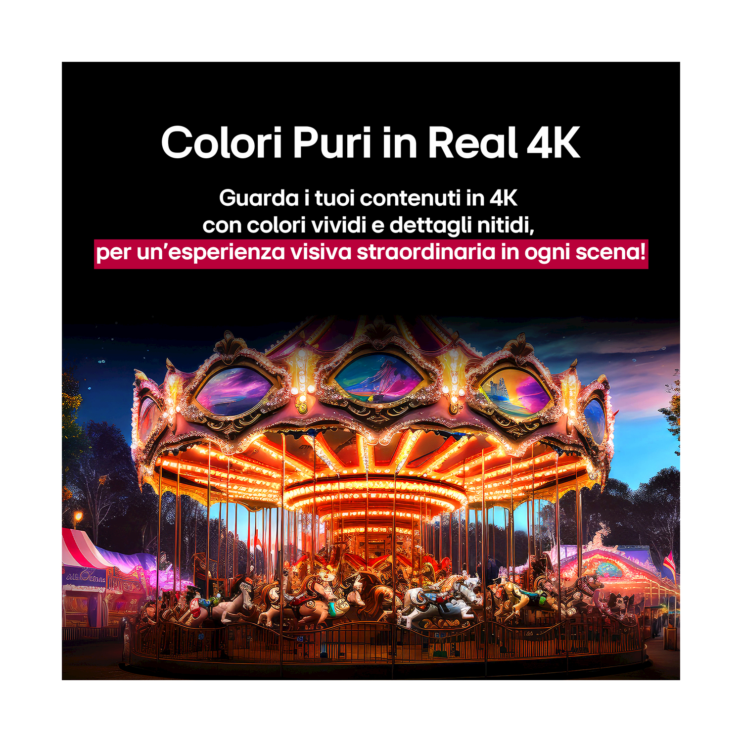 Un carrousel illuminé avec des chevaux la nuit, avec du texte italien au-dessus.