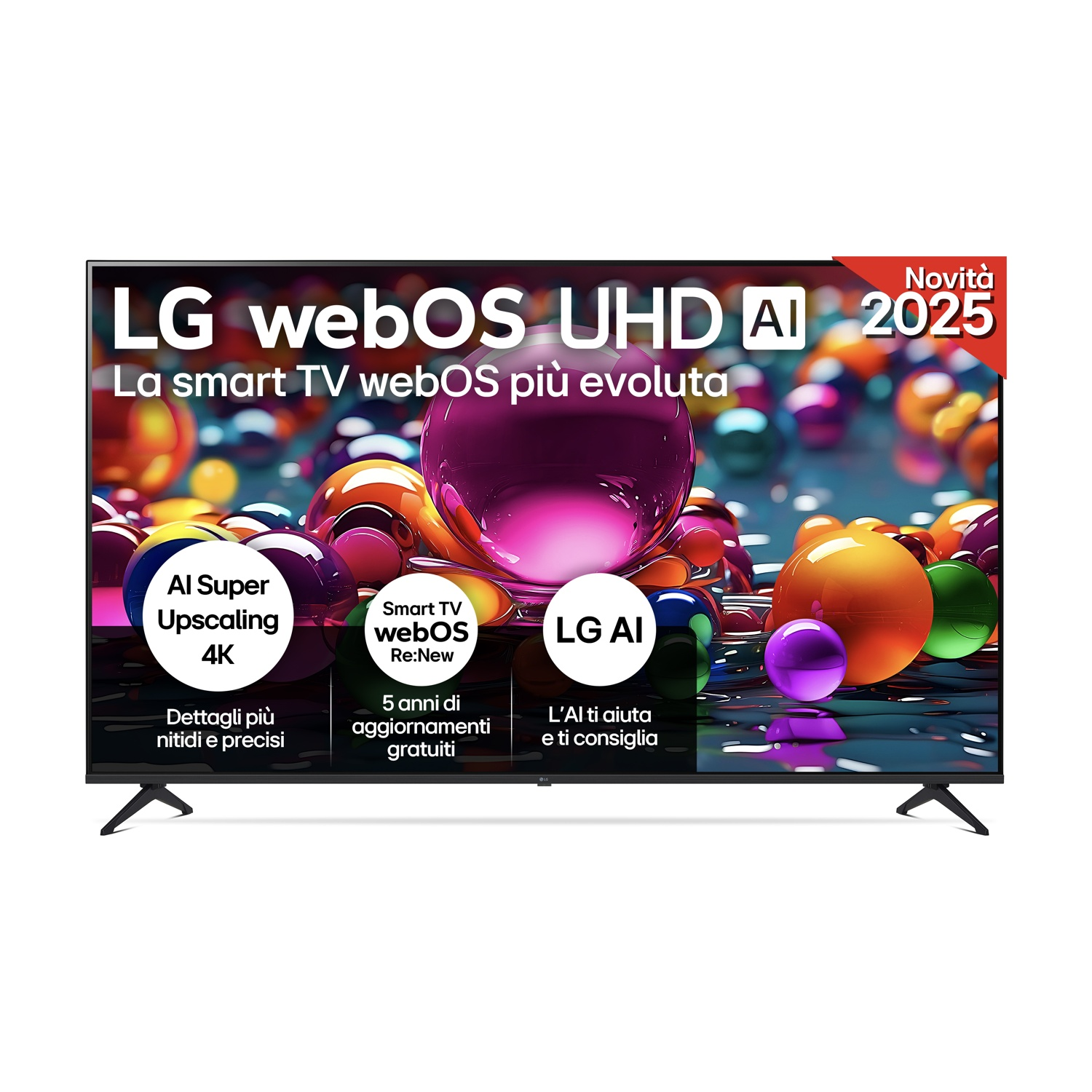 TV LG UHD 4K avec IA, webOS, badge "Nouveauté 2025". Sphères colorées en arrière-plan.