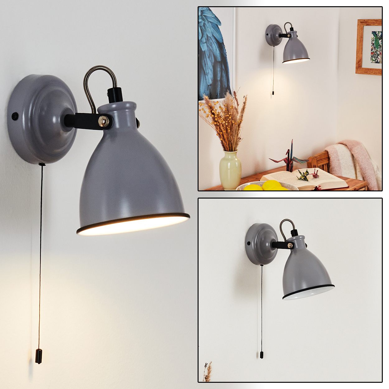 Graue Wandleuchte mit Zugschalter, beleuchtet, auf weißer Wand.