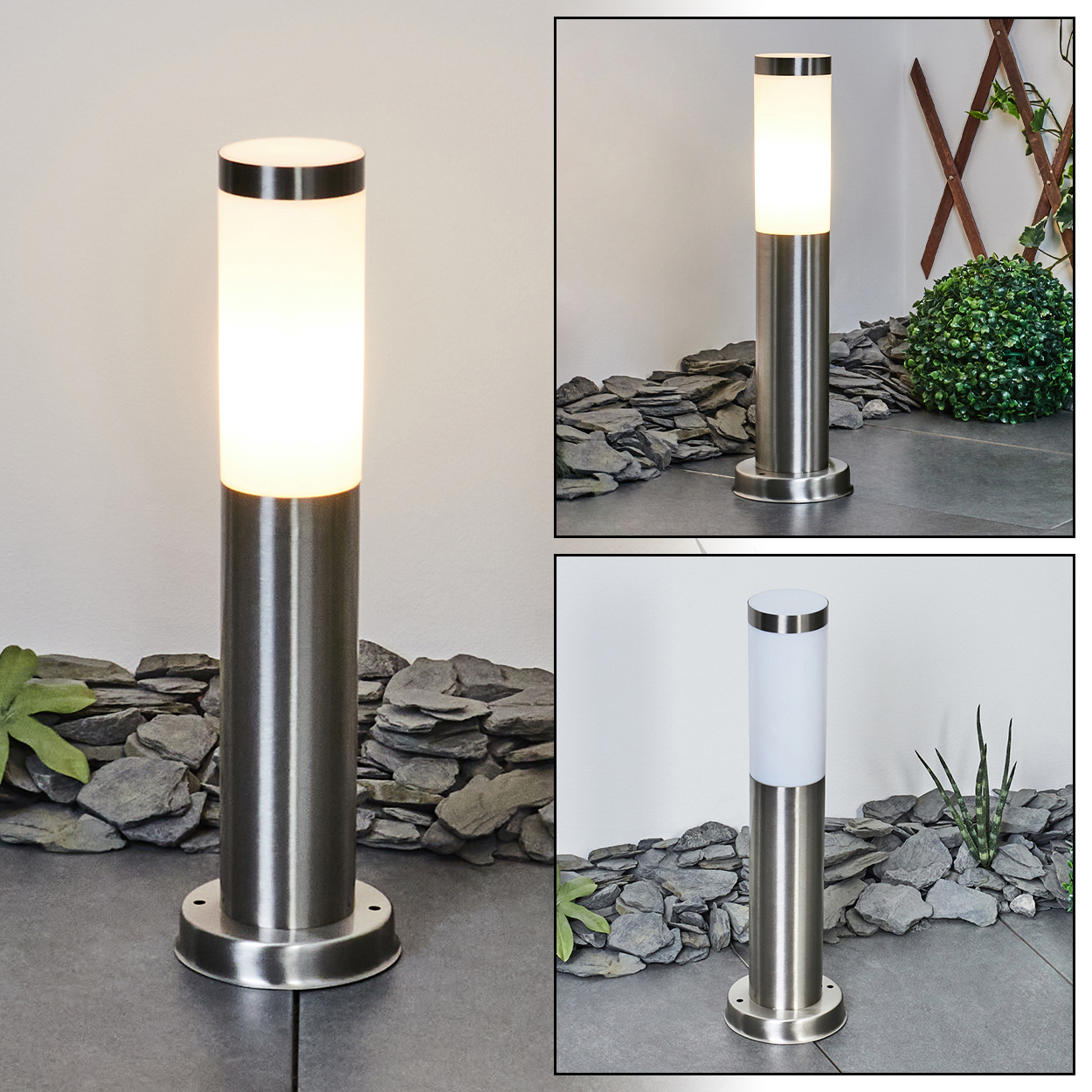 Moderne Edelstahl-Gartenleuchte mit weißem Glaszylinder auf Steinterrasse.