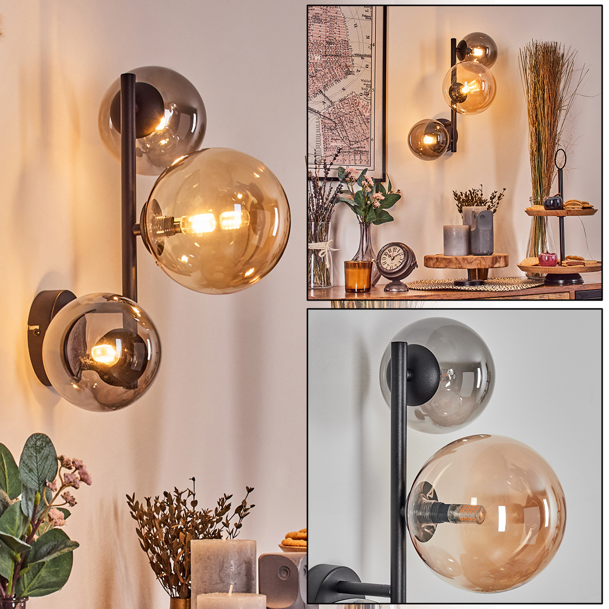 Eine Wandleuchte mit drei Rauchglas-Kugeln, die Wärme ausstrahlen.