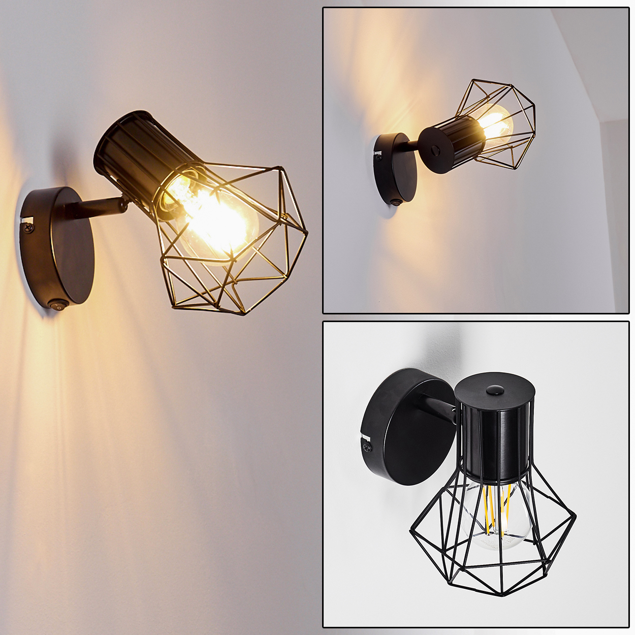 Schwarzlichtlampe mit Drahtkäfigschatten und sichtbarem Leuchtmittel.