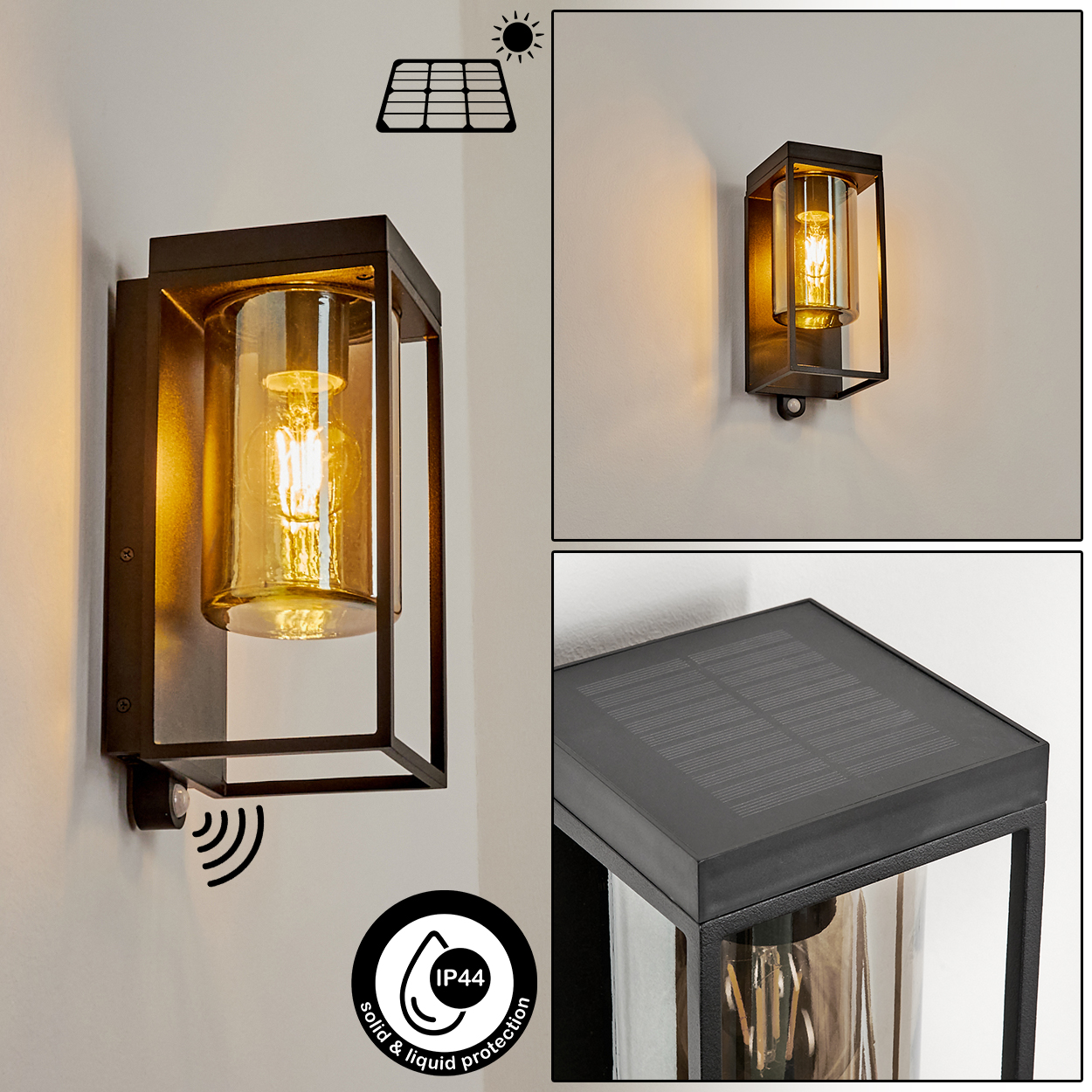Moderne Wandleuchte mit Glaszylinder, Bewegungssensor und Solarpanel.