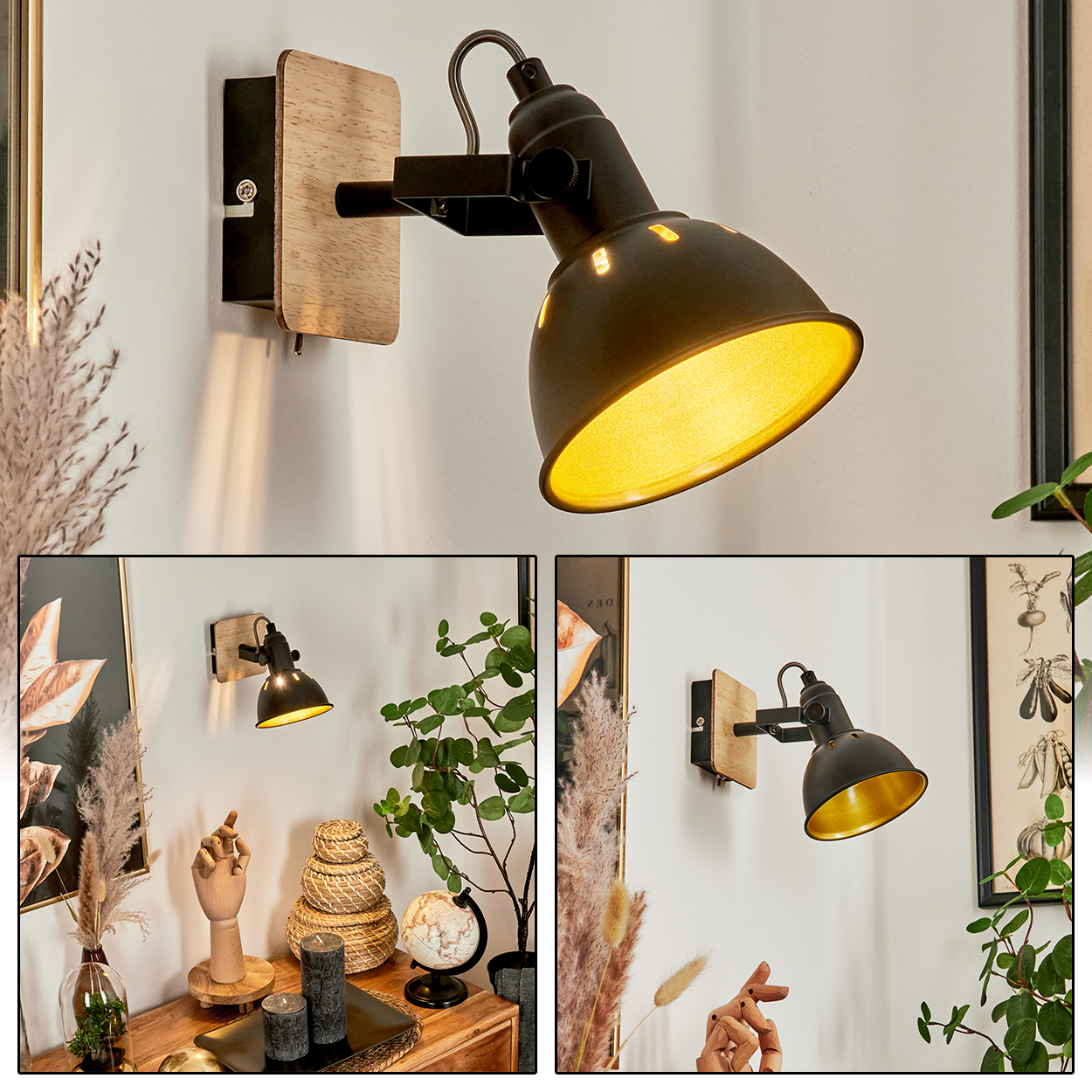Eine schwarze Wandleuchte mit Holzdetail leuchtet warm auf einem weißen Wand. Dekoobjekte sind unten.