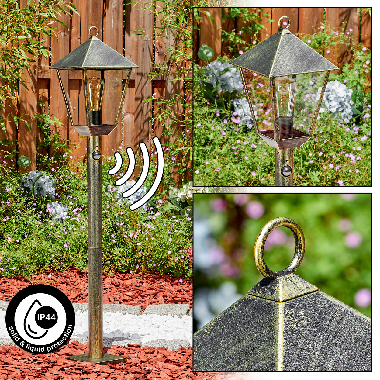 Gartenlaterne mit Bewegungssensor und IP44-Schutz, goldfarben.