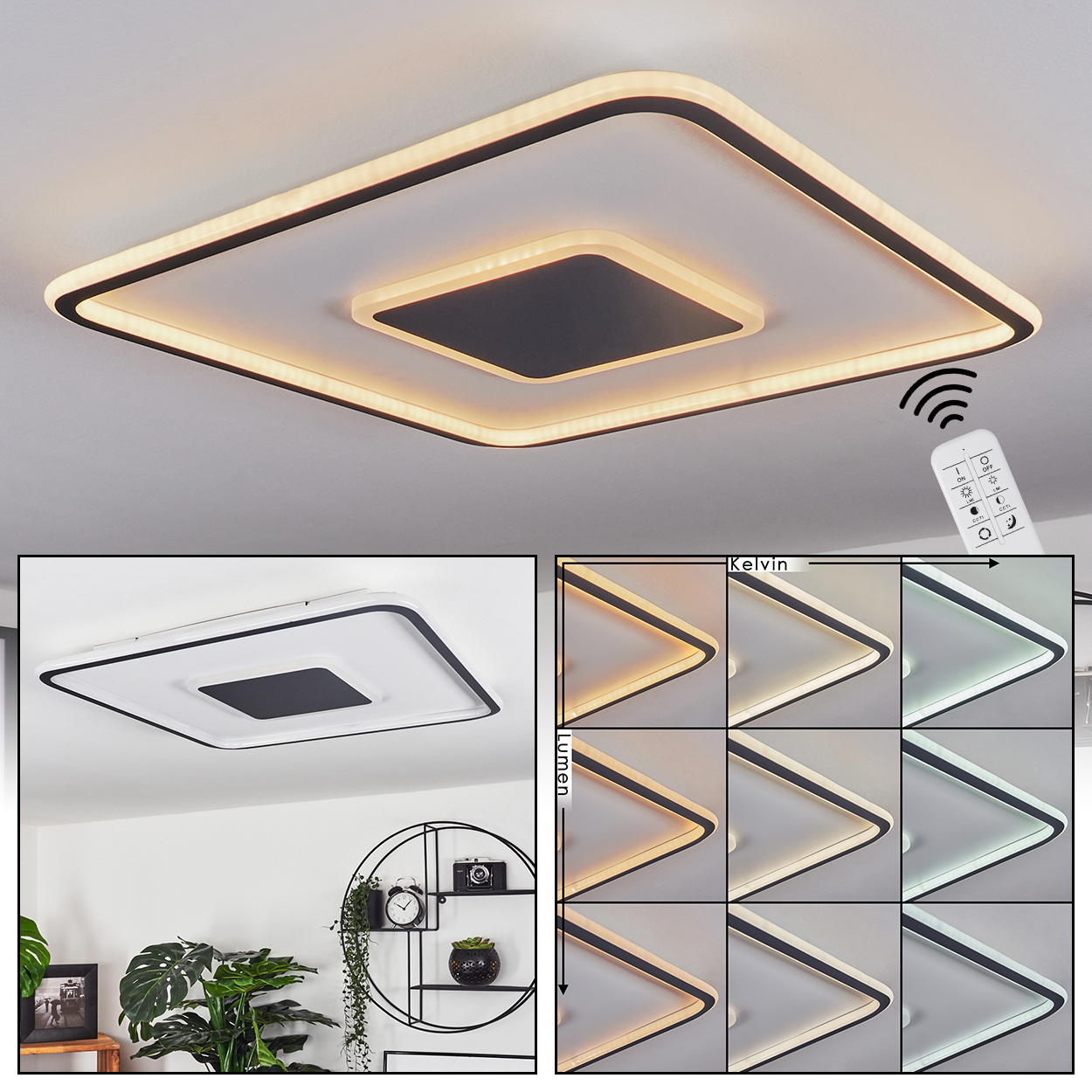 Moderne Deckenleuchte mit Fernbedienung, quadratisch, schwarz und weiß.