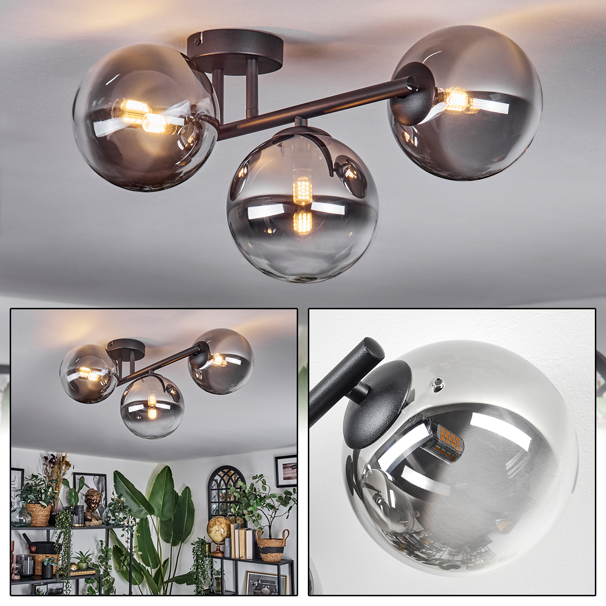 Eine moderne Deckenleuchte mit drei rauchglasfarbenen Kugeln und schwarzen Metallarmen.