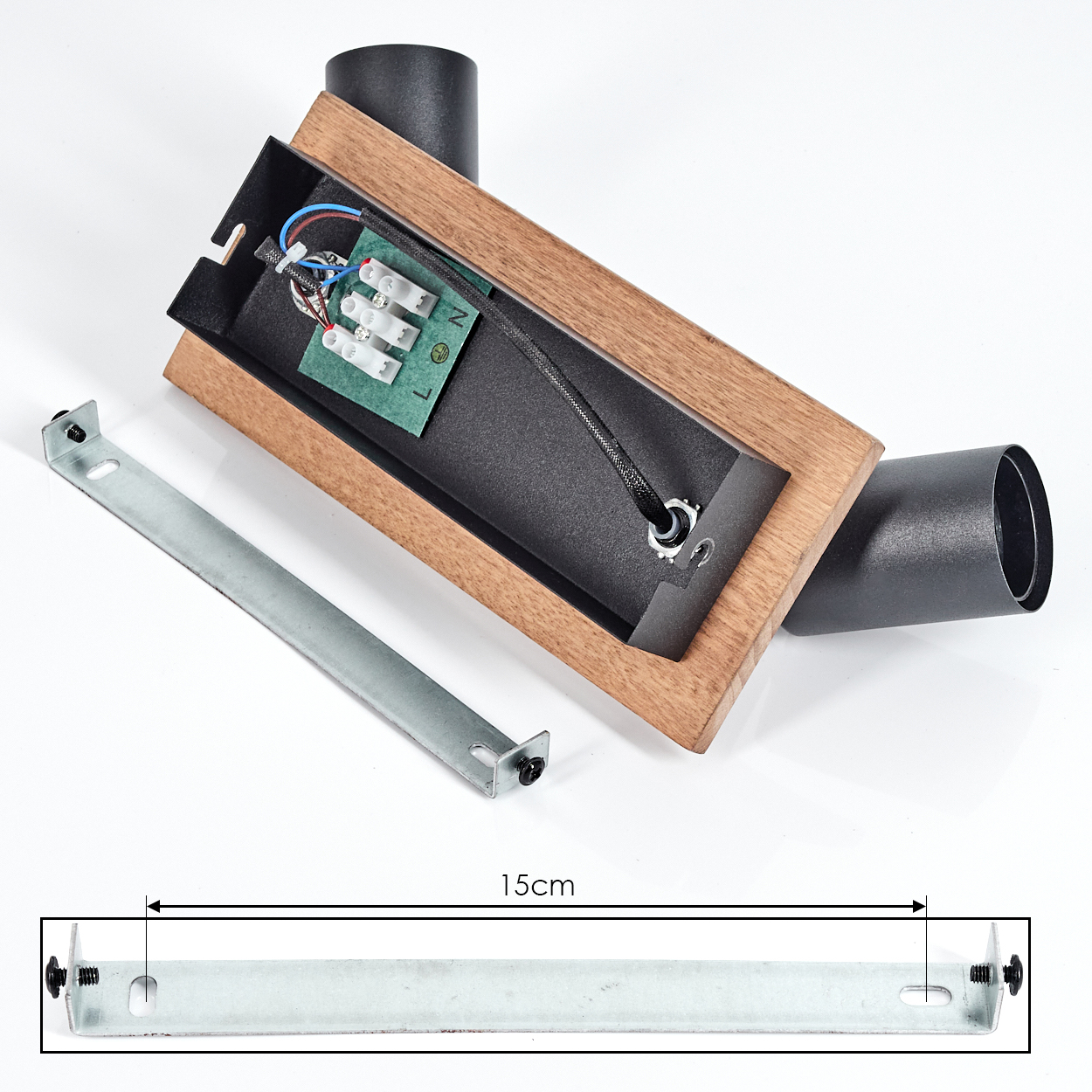 Holz- und Metallteile einer Lampe mit Verkabelung und Halterung, 15cm.