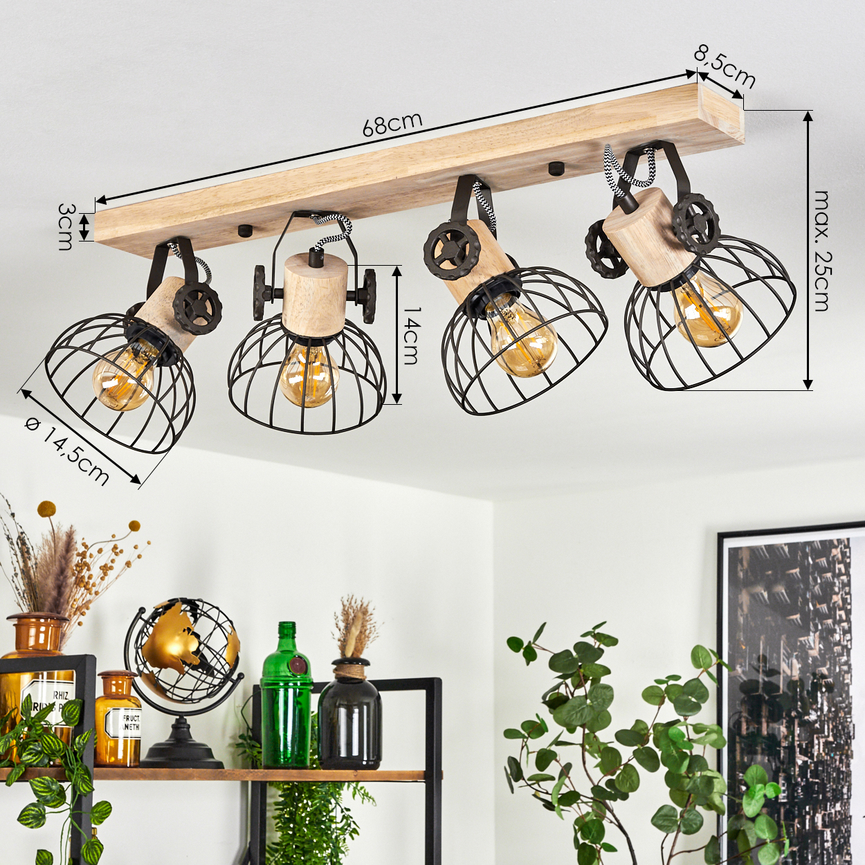 Holzdeckenleuchte mit vier schwarzen Drahtkörben und Glühbirnen.