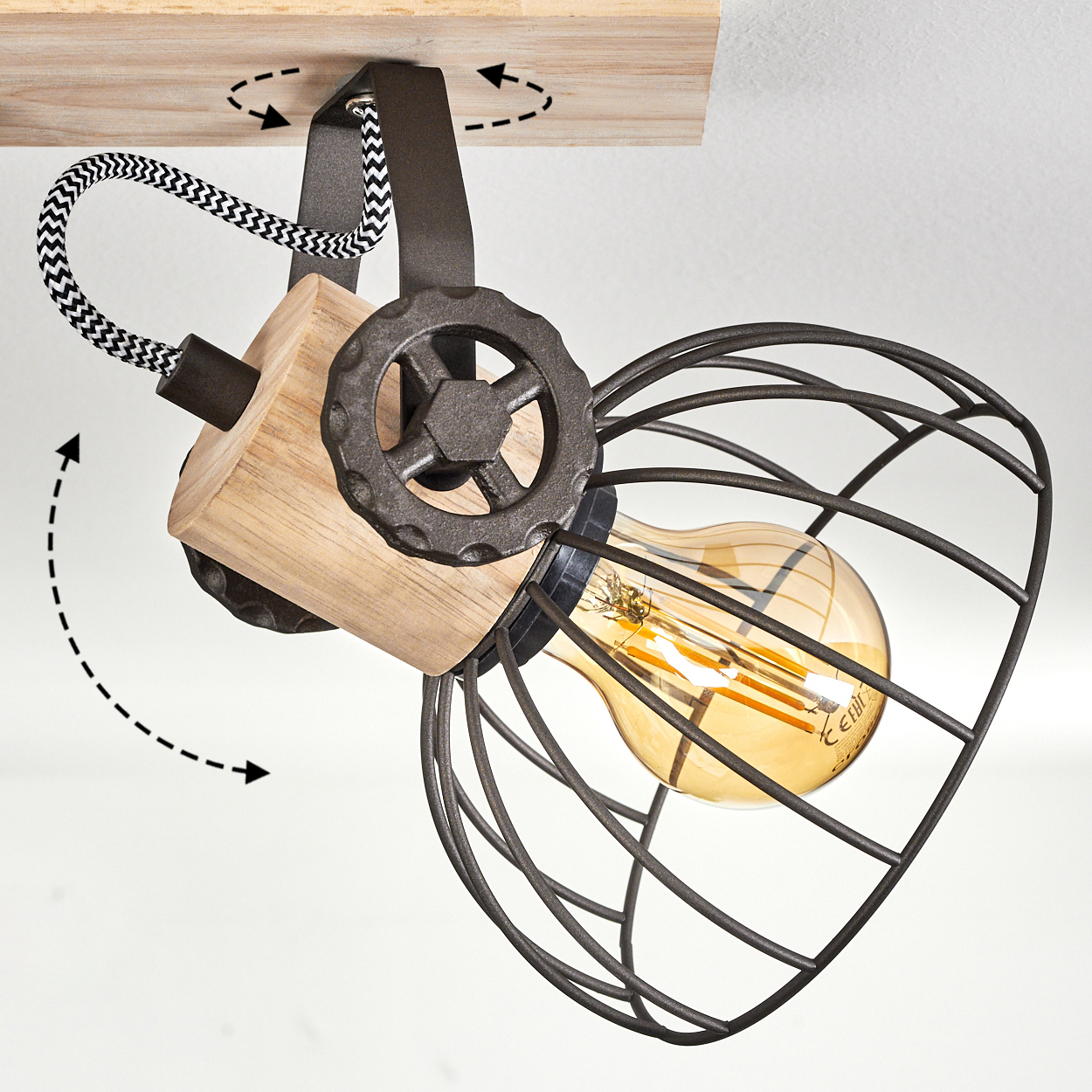 Industrielle Lampe mit Holz und Metallkäfig, sichtbare Glühbirne, verstellbar.