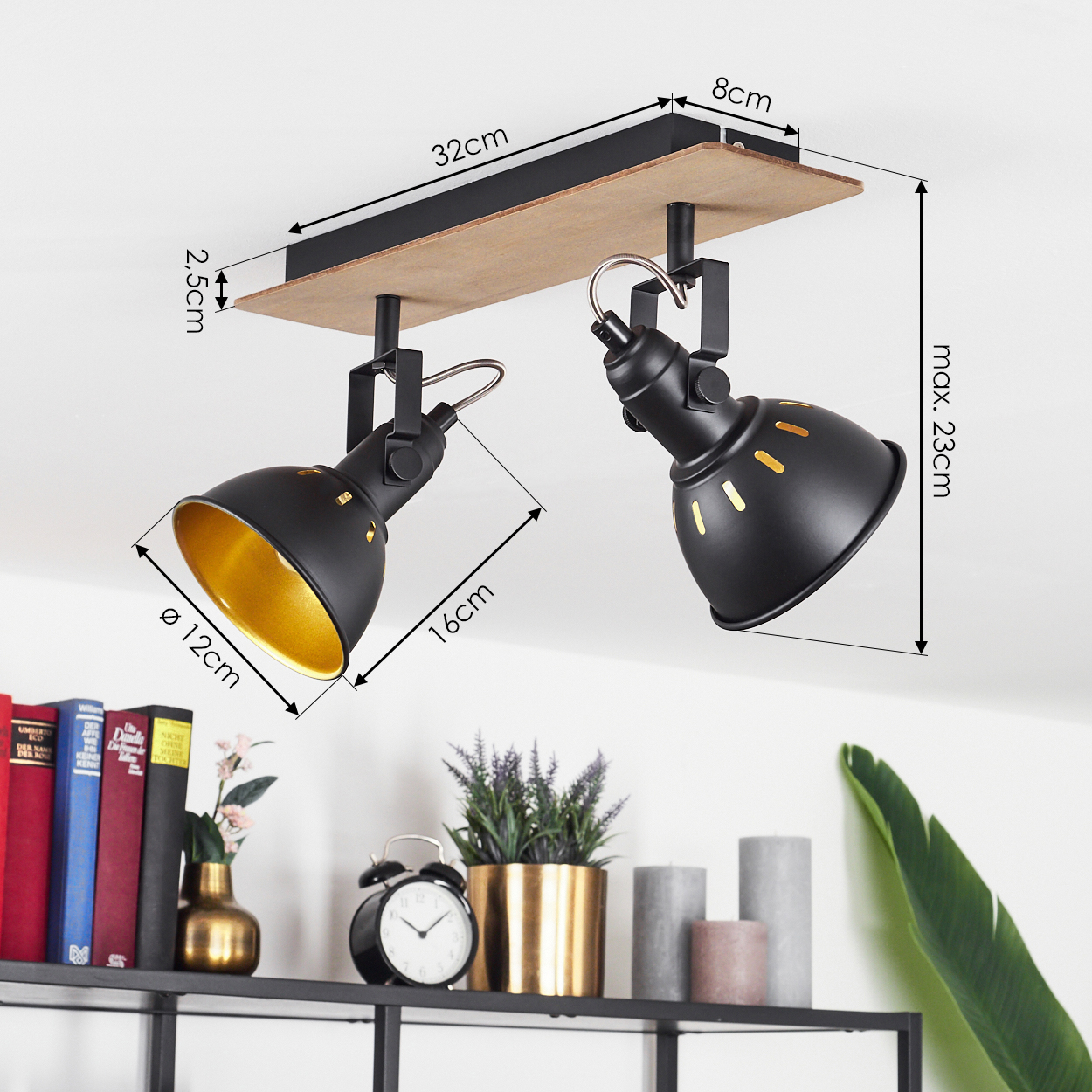 Schwarze Deckenleuchte mit Holzdetail und zwei verstellbaren Spots, Maße angegeben.