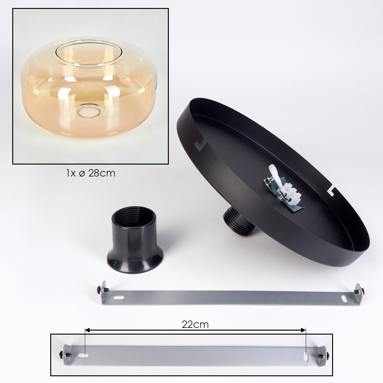 Ein bernsteinfarbener Glaslampenschirm (28cm), schwarzer Baldachin, schwarzer Sockel und Metallstreifen (22cm).