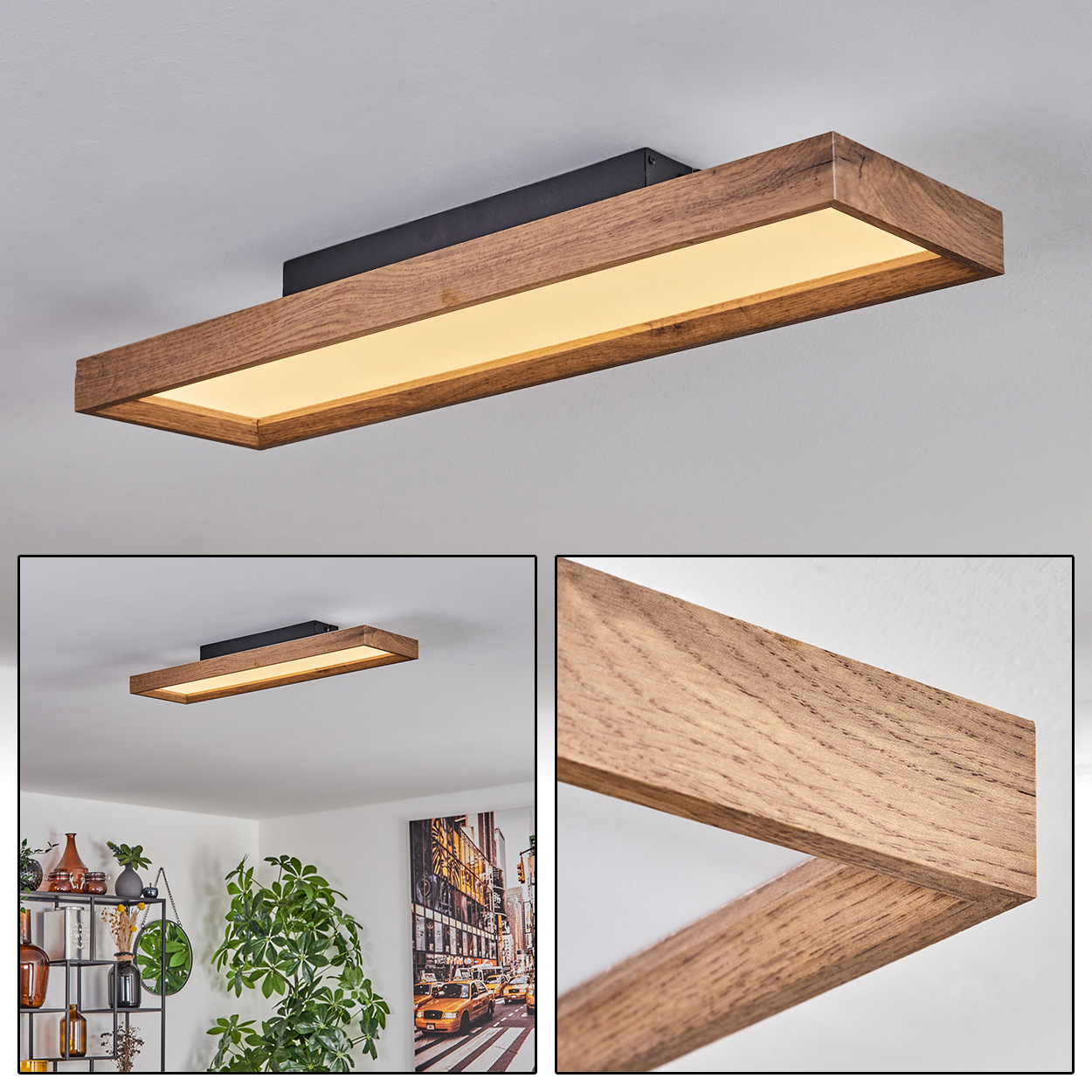 Eine rechteckige Deckenleuchte mit Holzrahmen und integriertem Licht.