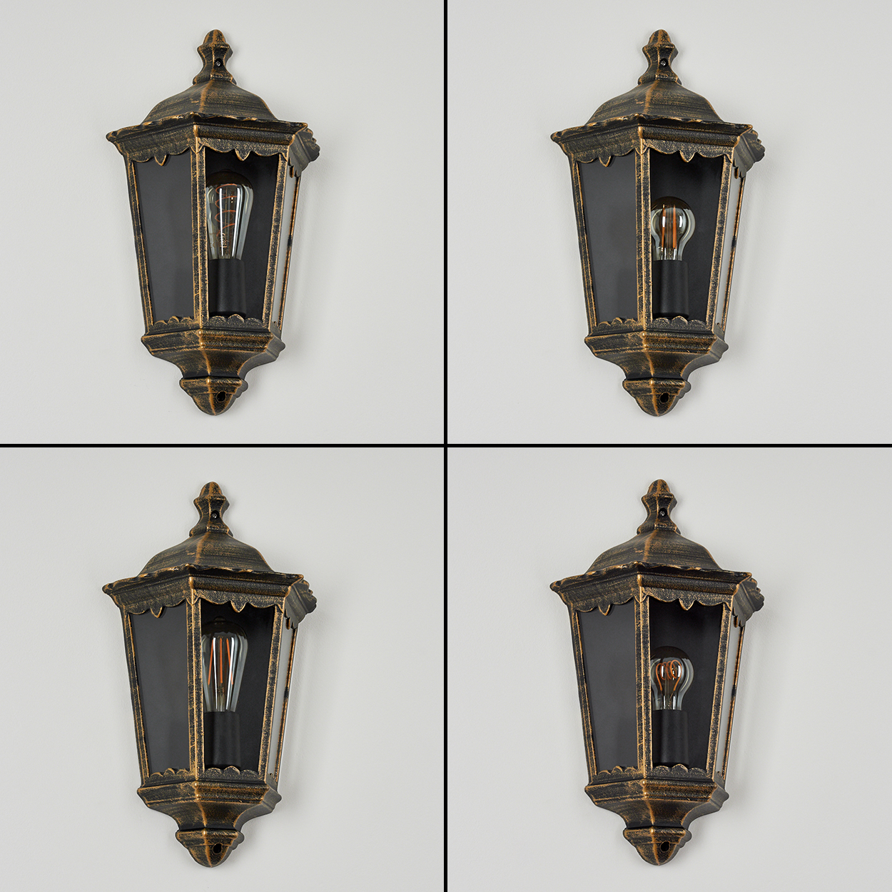 Eine Wandleuchte im Laternenstil mit schwarzem Gehäuse und Bronzedetails.