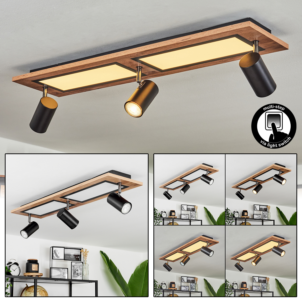 Holzdeckenleuchte mit vier schwarzen Spots und zwei LED-Paneelen. Mehrstufig schaltbar.