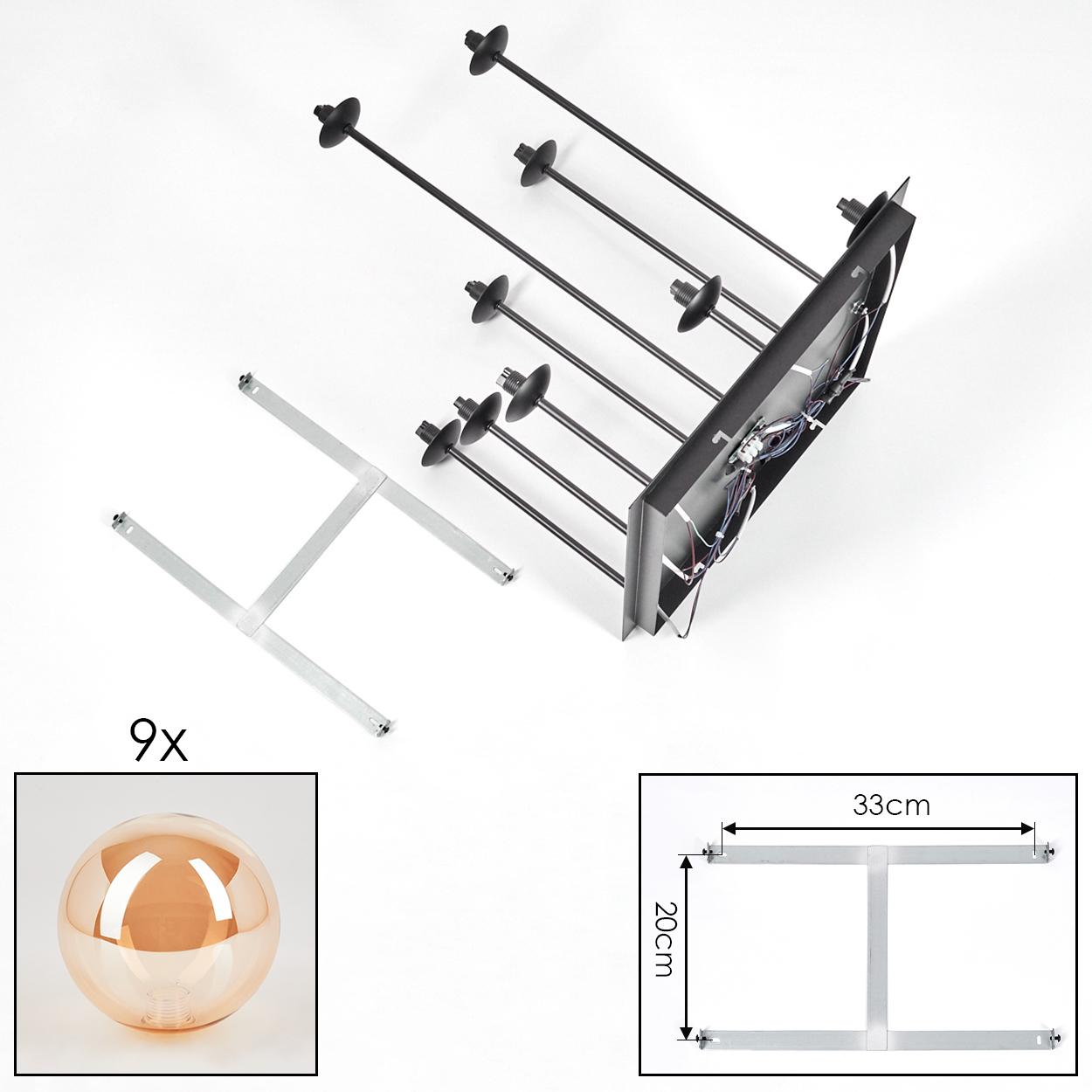 Teile einer Lampe: Sockel, Stäbe, Glaskugel und Montagehalterung.