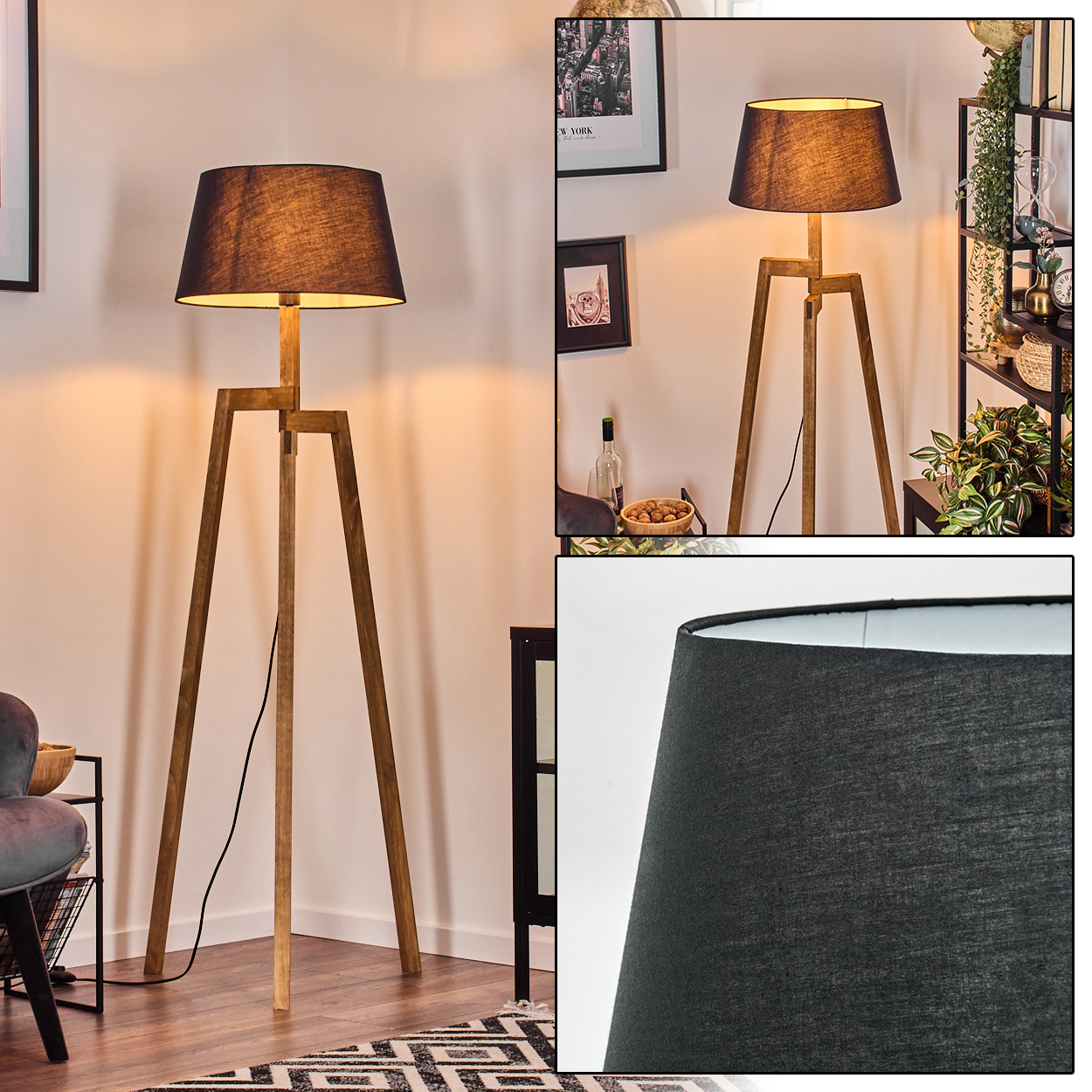 Ein hölzerner Dreibein-Stehlampe mit schwarzem Schirm steht in einer Ecke.