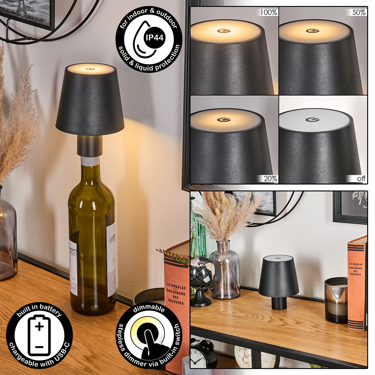 Eine Lampe im Weinflaschen-Design mit schwarzem Schirm, dimmbar und USB-C-ladbar.