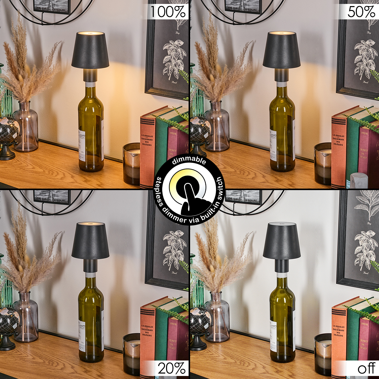 Flaschenlampe mit Dimmer: 100%, 50%, 20% und Aus.