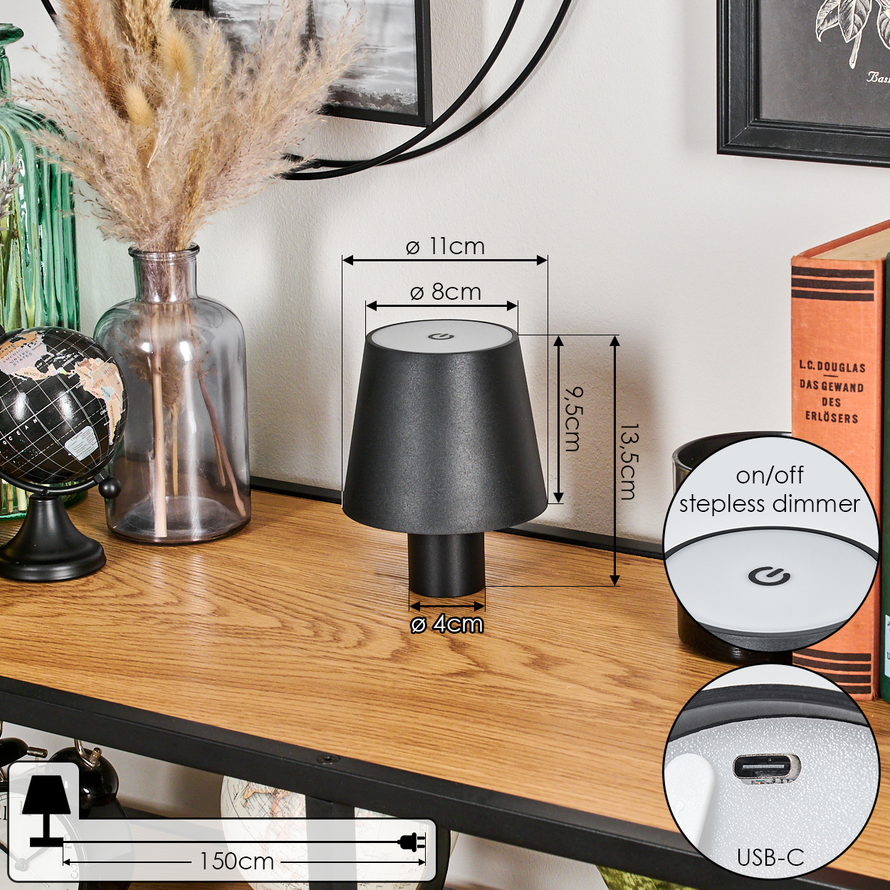 Schwarze Tischlampe mit Maßen: H 13,5cm, Ø 8cm. USB-C Ladeanschluss.