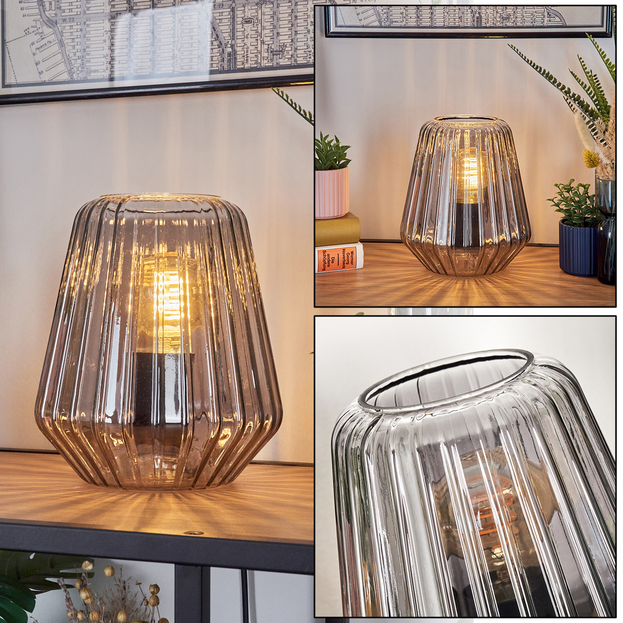 Graue gerippte Glaslampe mit Glühbirne leuchtet auf einem Regal.