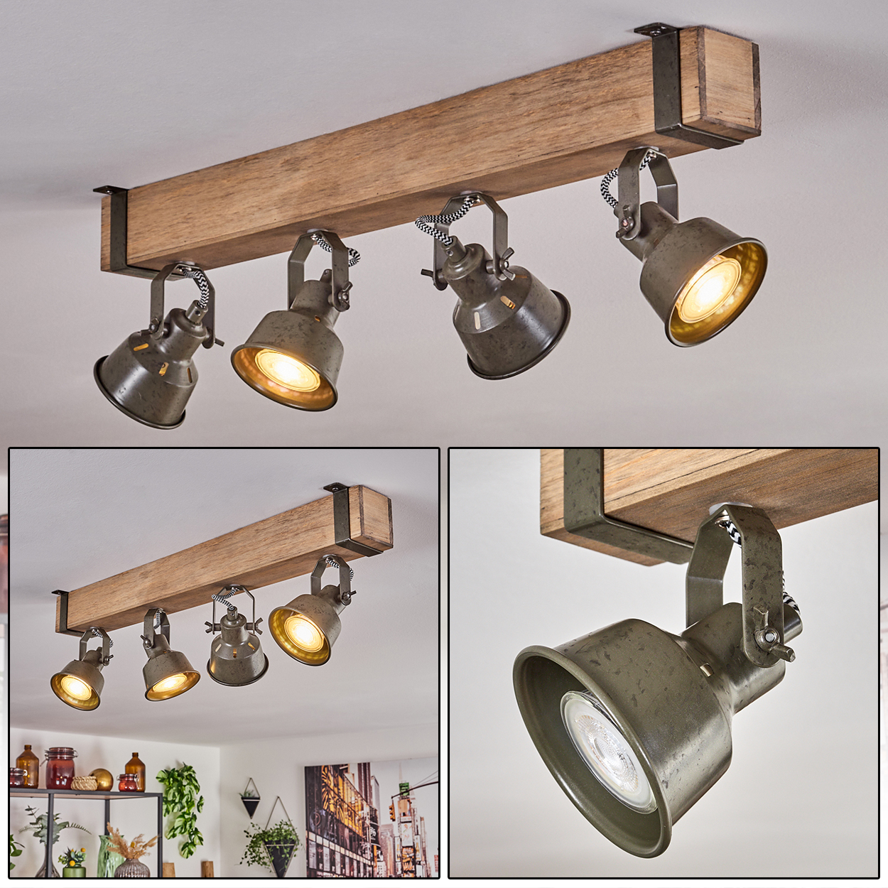 Holzbalken-Deckenleuchte mit vier grauen Metall-Strahlern, industrieller Stil.