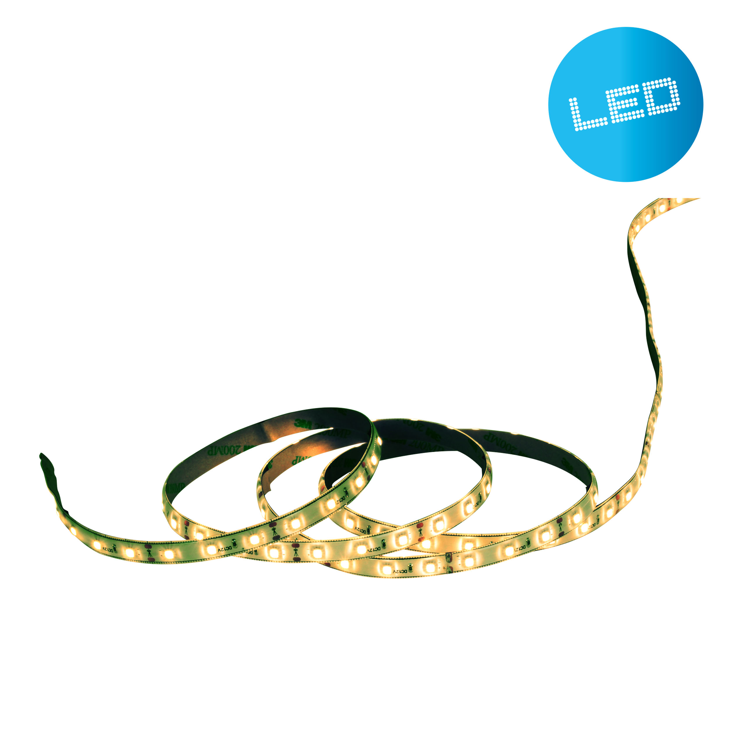 Eine aufgerollte LED-Lichtleiste mit leuchtenden Lichtern und einem blauen Kreis mit dem Wort "LED".