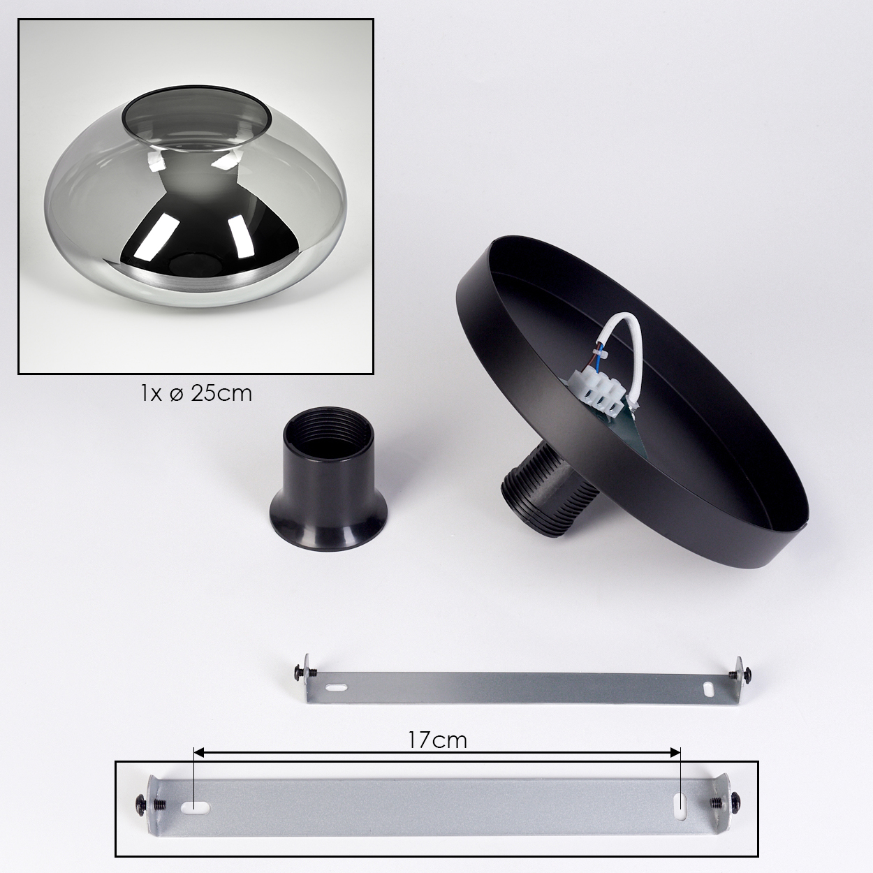 Grauer Glaslampenschirm, schwarze Lampenfassung, Metallhalterung.