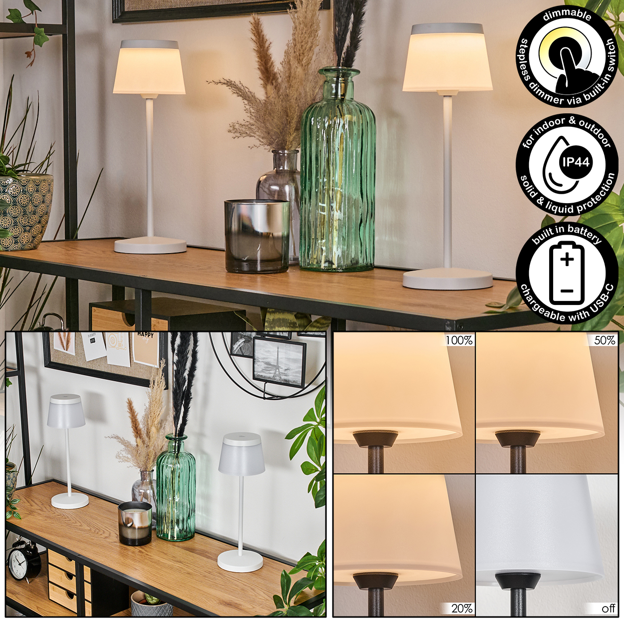 Zwei weiße Nachttischlampen auf einem Holzregal, mit Dekoration. Mehrere Bilder zeigen Details.
