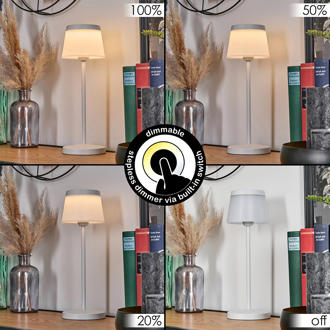 Vier Ansichten einer Lampe bei 100%, 50%, 20% und Aus. Sie ist dimmbar.