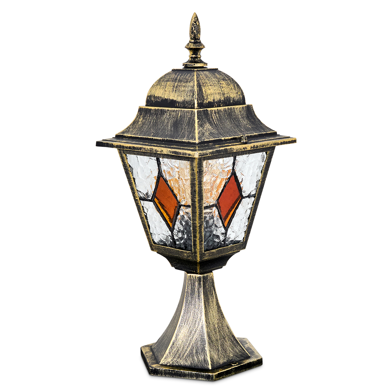 Antiker Auenlampenfu mit Glas und Metallverzierungen.