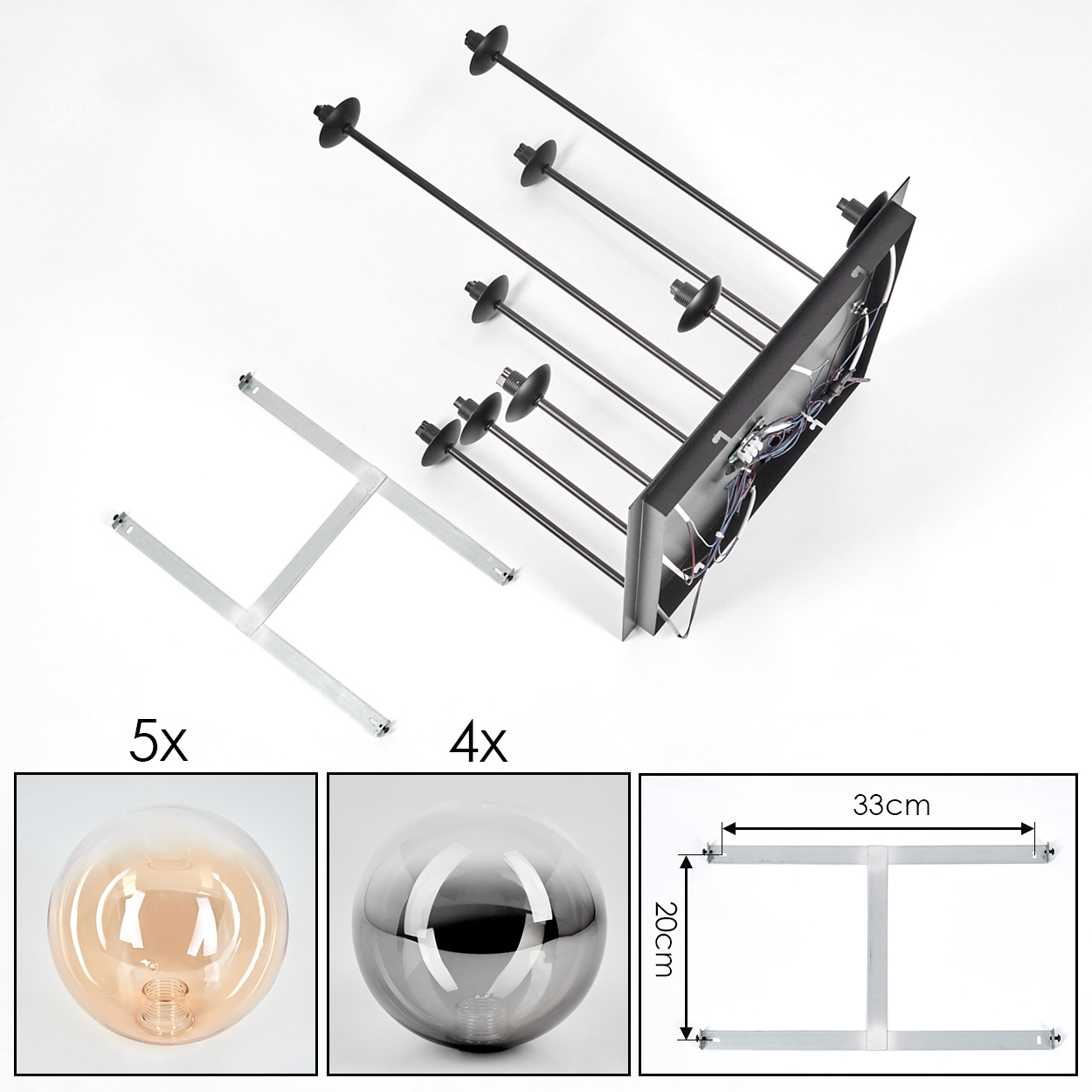 Teile einer Lampe: Basis, Stangen, Glaskugeln und Montagehalterung.