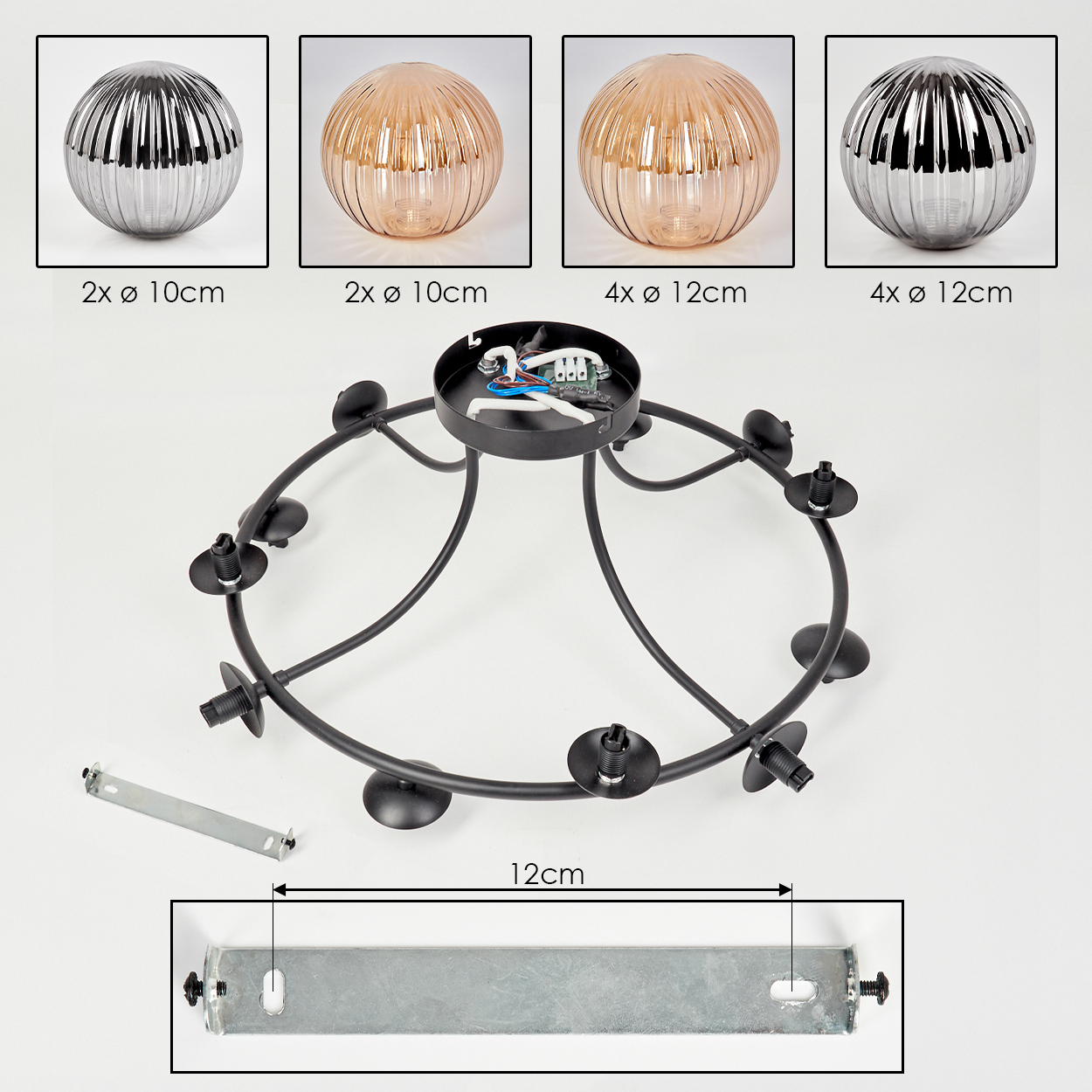 Lampen-Set mit Glaskugeln und Metallbasis, Montagezubehör.