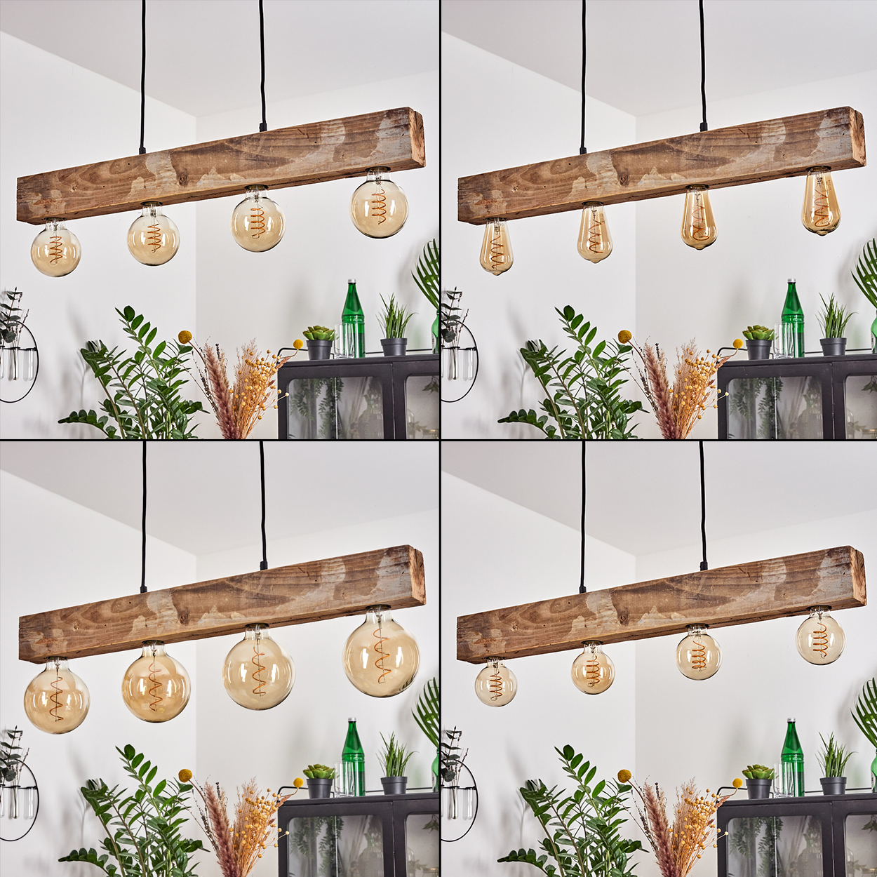 Holzbalken-Pendelleuchte mit vier Glühbirnen, einige rund, einige tropfenförmig.