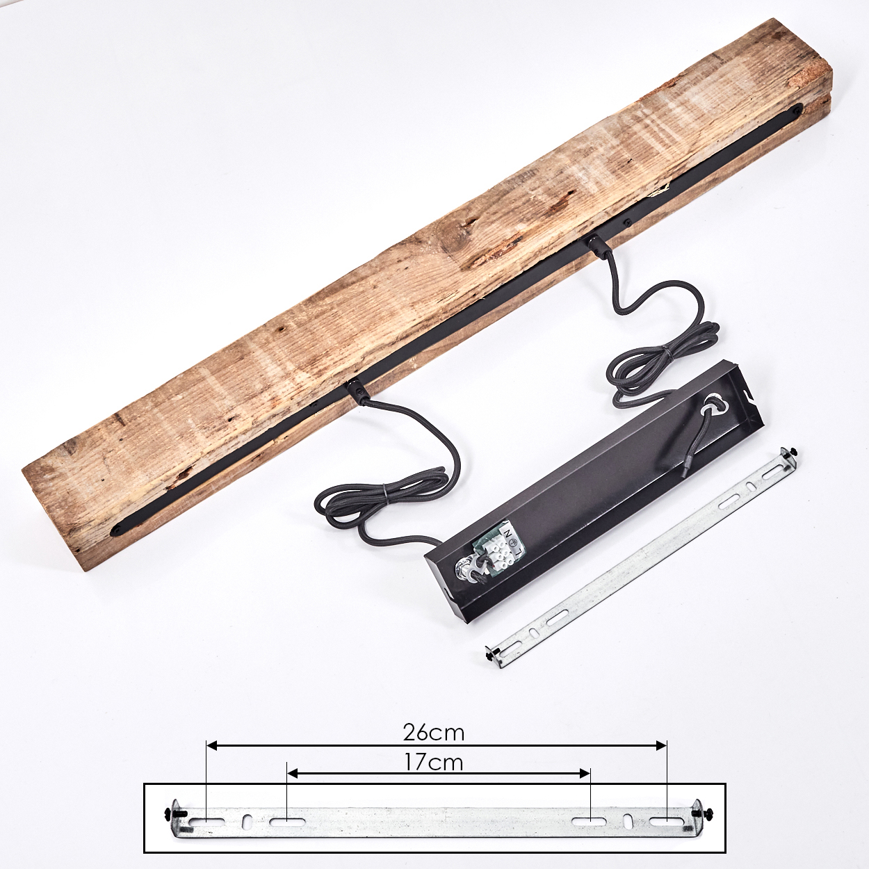 Holzbalken mit schwarzer Metallhalterung, Kabel und Montagebox. Maße sind angegeben.
