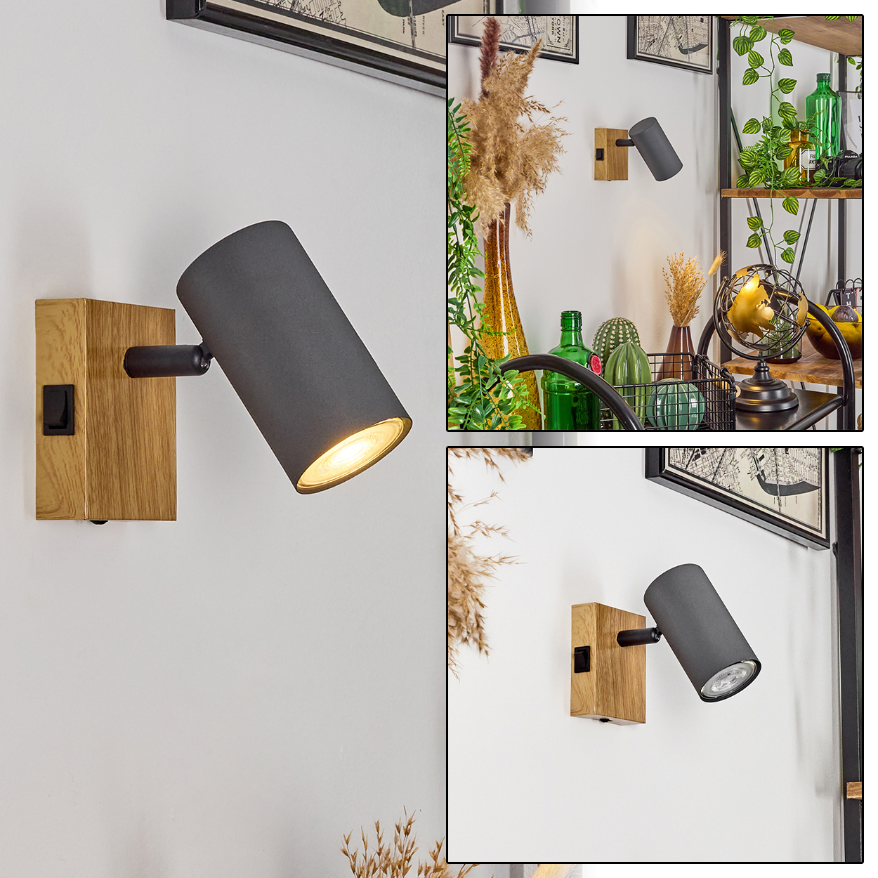 Moderne Wandleuchte mit Holzsockel und dunkelgrauem Strahler. Beleuchtet.