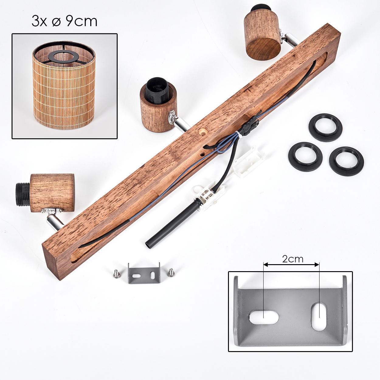 Holzleuchte-Teile: Lampenschirm, Holzkörper, Kabel, Halterungen. Maße 2cm.