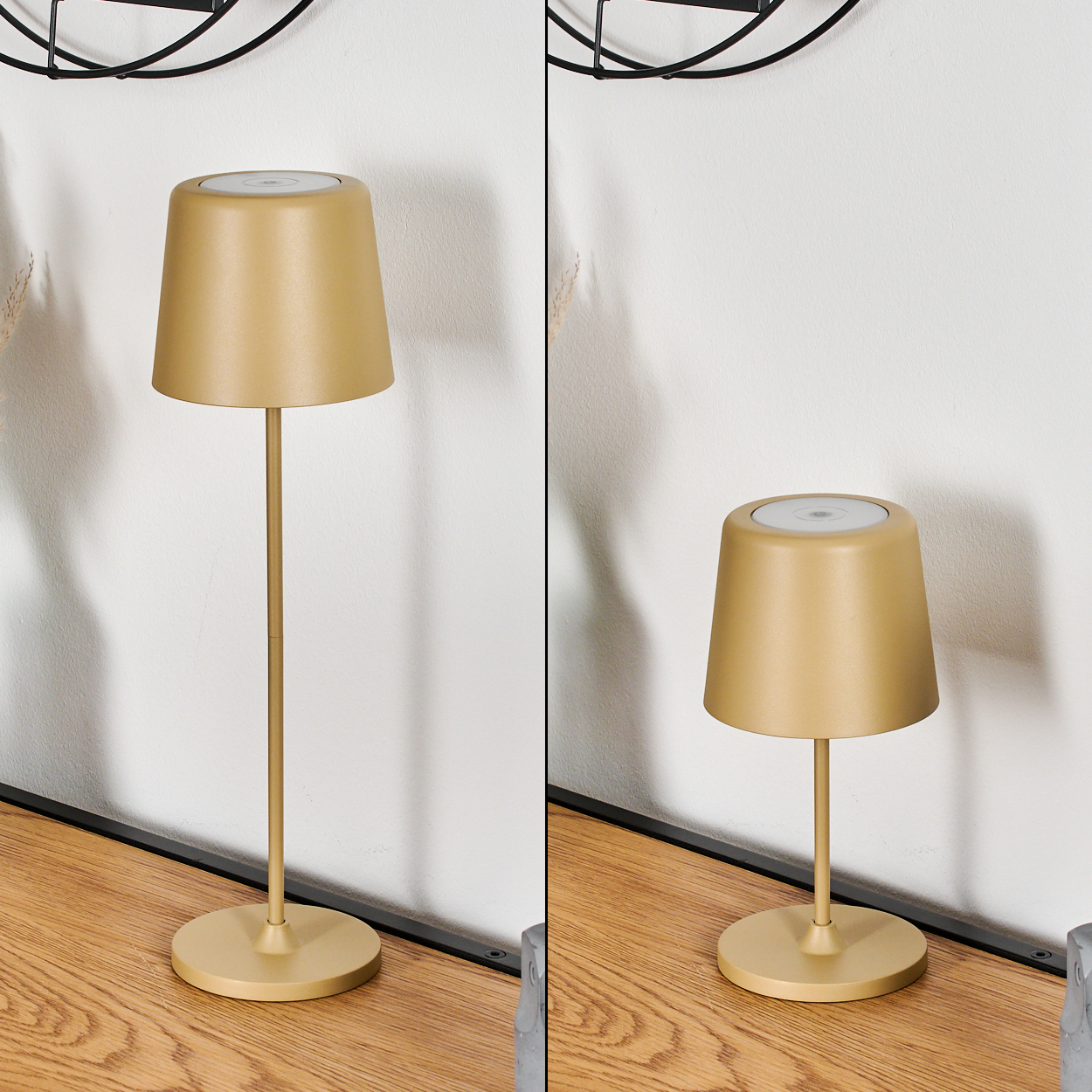 Goldene Lampe auf Holzoberfläche, hoch und niedrig.