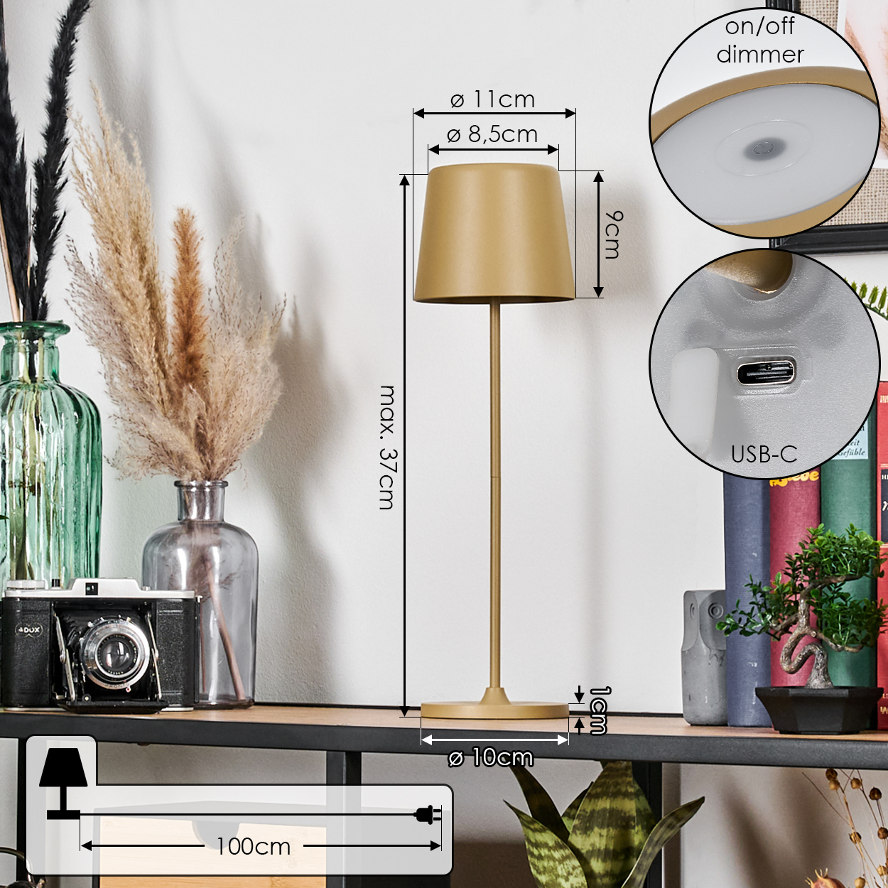 Eine goldene Lampe mit Maßen: 37cm hoch, 11cm oberer Durchmesser, 8,5cm Basisdurchmesser.