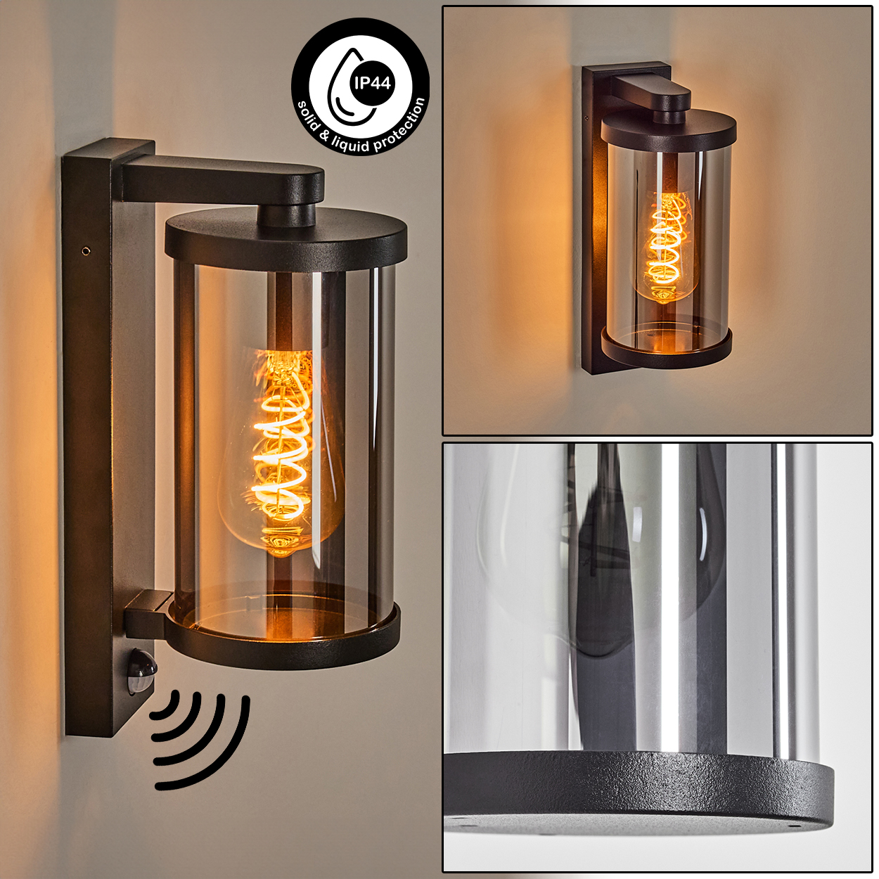 Schwarze Wandleuchte mit Glaszylinder und Glühbirne. IP44-Siegel oben.