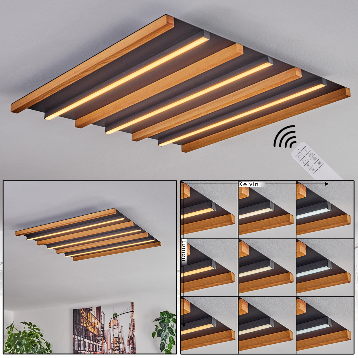 Deckenleuchte mit Holzlamellen und LED-Streifen, Fernbedienung und Helligkeitsstufen.