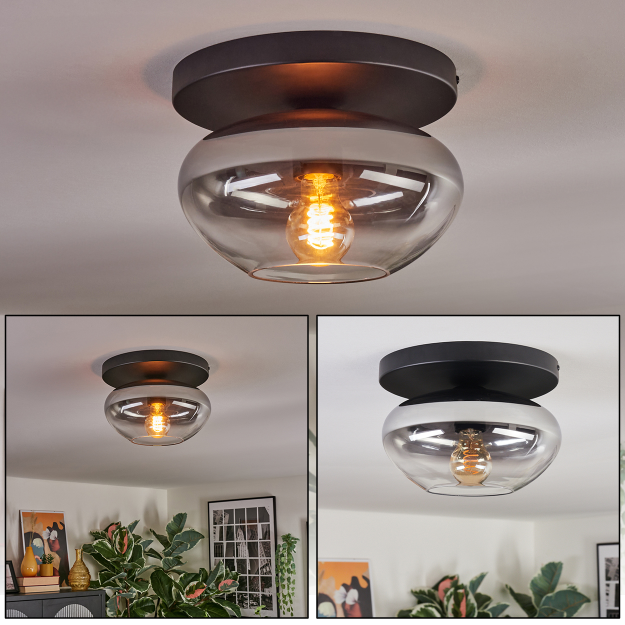 Moderne Deckenleuchte mit rundem, dunklem Sockel und Rauchglas-Schirm.