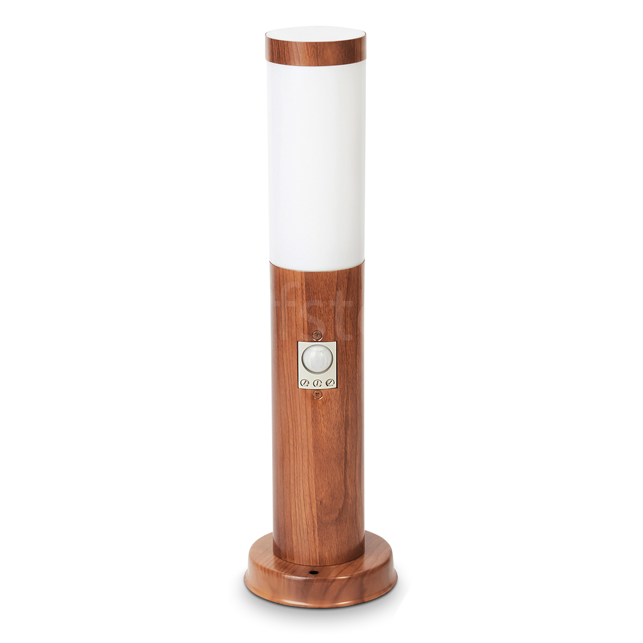 Eine zylindrische Lampe mit Holzmaserung, weißem Lampenschirm und Bewegungssensor.