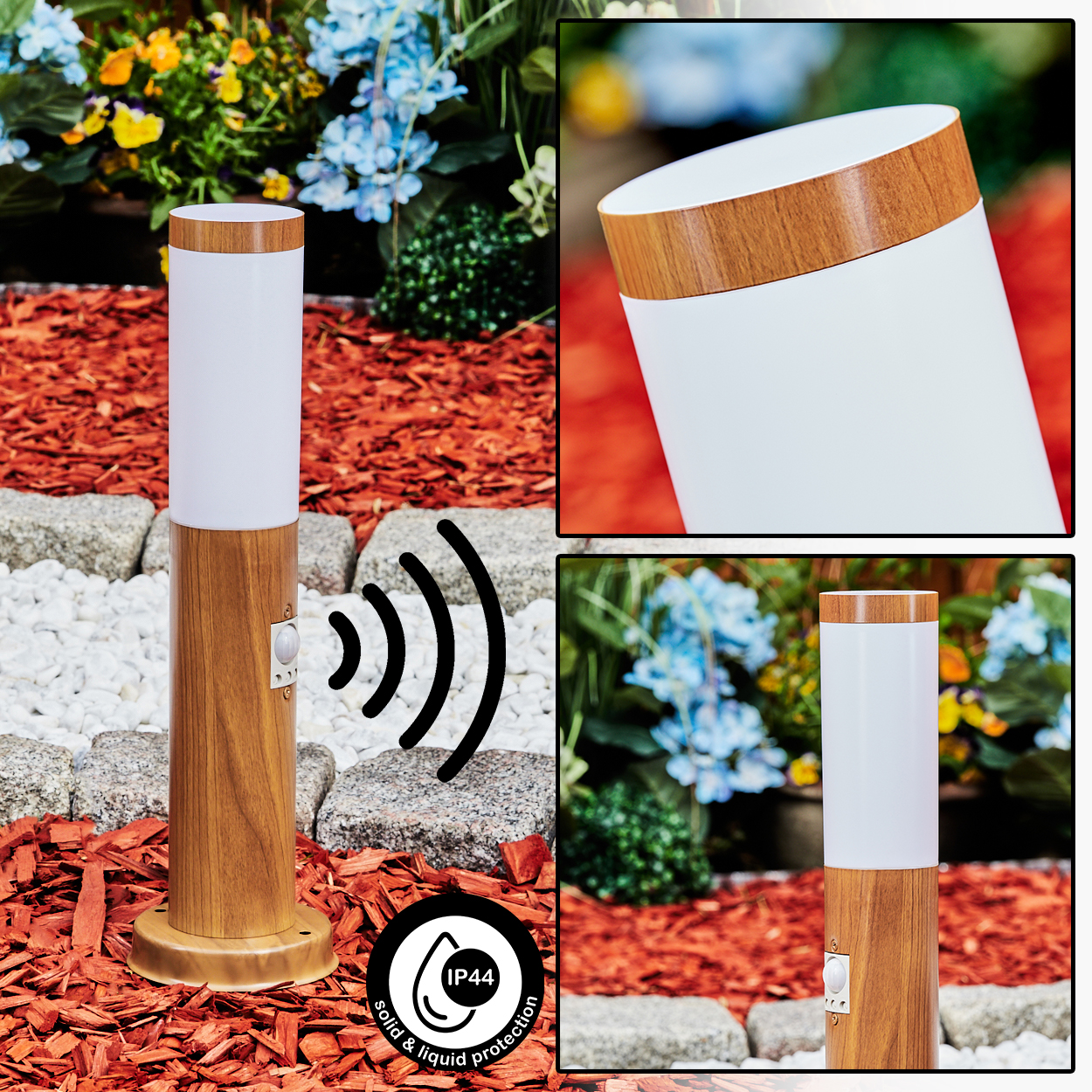 Ein Holz-Bodenlicht mit Bewegungsmelder und IP44-Schutz in einem Garten.