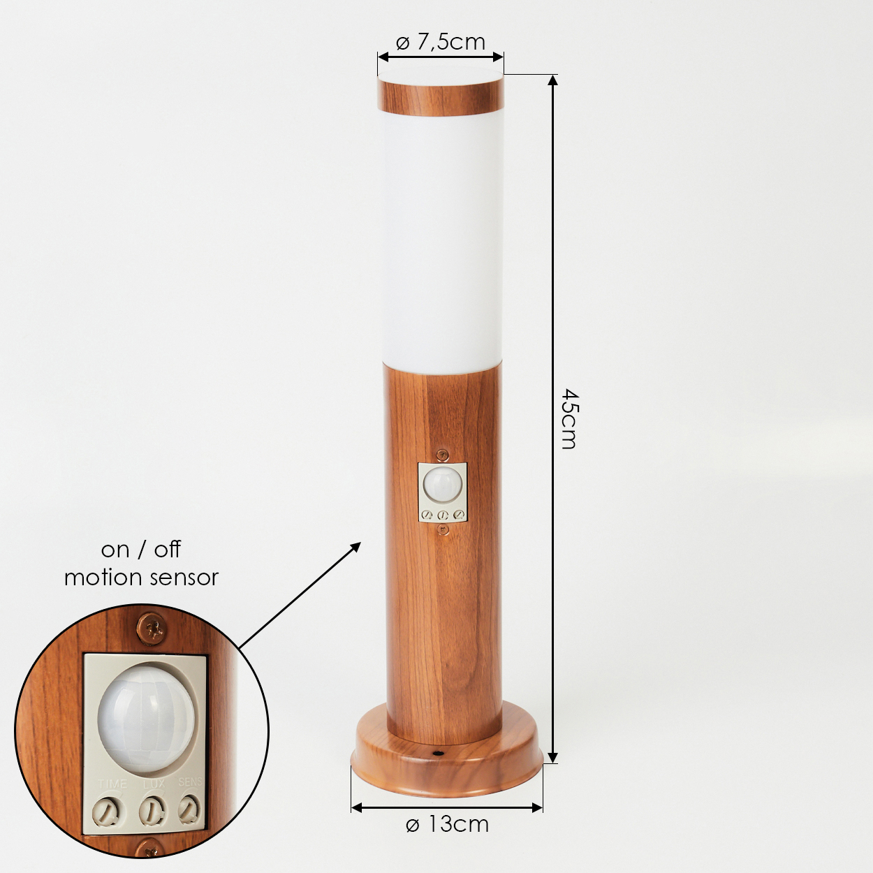 Eine Holzmuster-Lampe mit Bewegungssensor, 45cm hoch, 7,5cm Durchmesser.