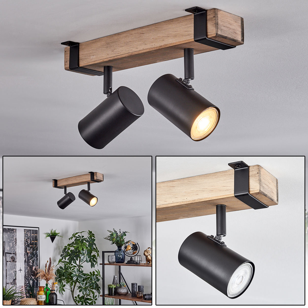 Deckenleuchte mit Holzbalken und zwei schwarzen Spots.