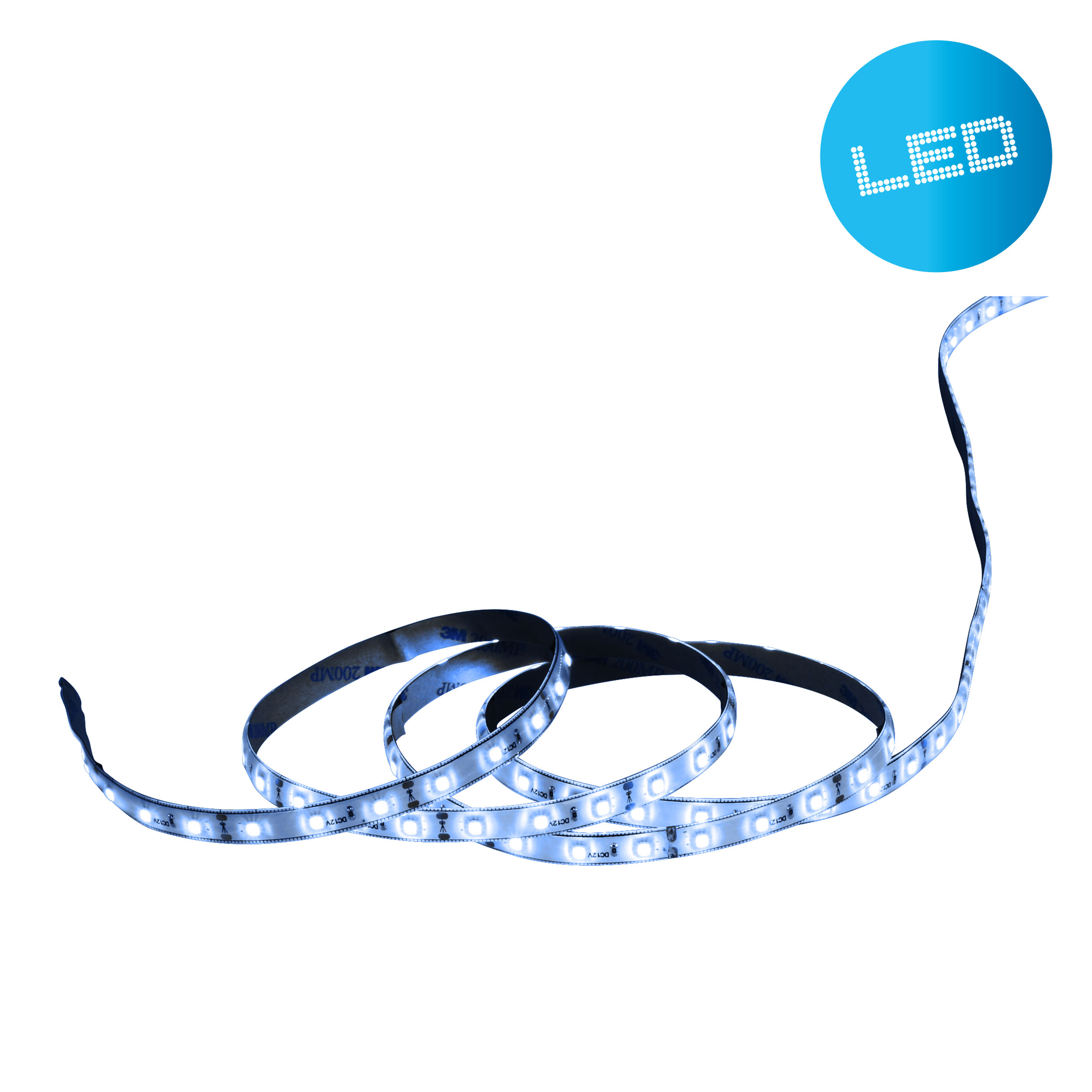 Eine blaue LED-Lichtleiste mit vielen kleinen Lichtern, aufgerollt.